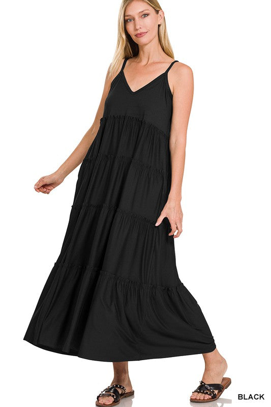 Son Of A Beach | Black V-Neck Cami Maxi Tiered Dress With Side Pockets Black Lemon Boutique Son Of A Beach | Black V-Neck Cami Maxi Tiered Dress With Side Pockets Black Lemon Boutique