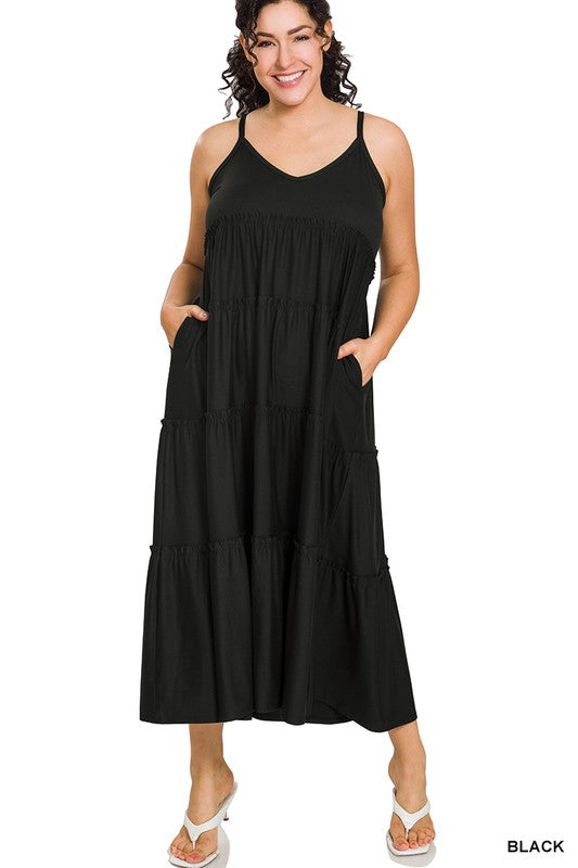 Son Of A Beach | Black Plus V-neck Cami Tiered Dress With Side Pockets