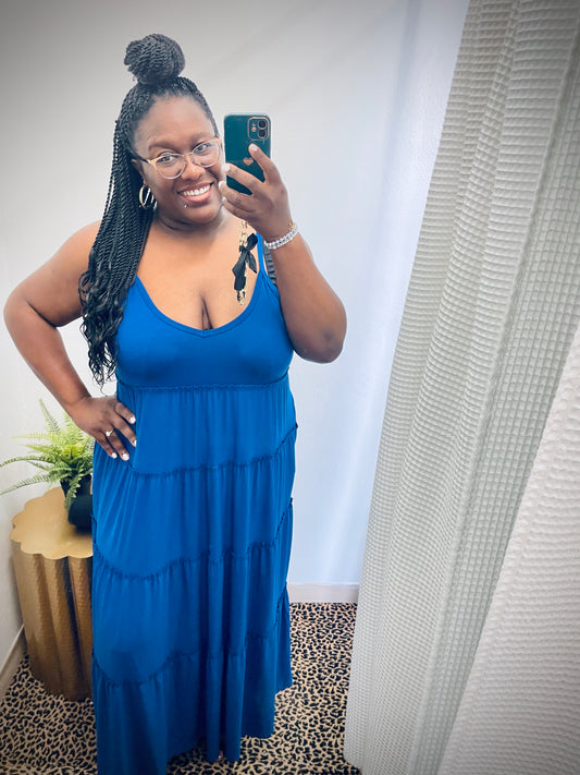 Son Of A Beach | Blue V-Neck Cami Maxi Tiered Dress With Side Pockets