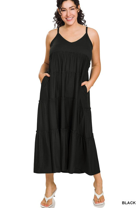 Son Of A Beach  | Black Plus V-neck Cami Tiered Dress With Side Pockets