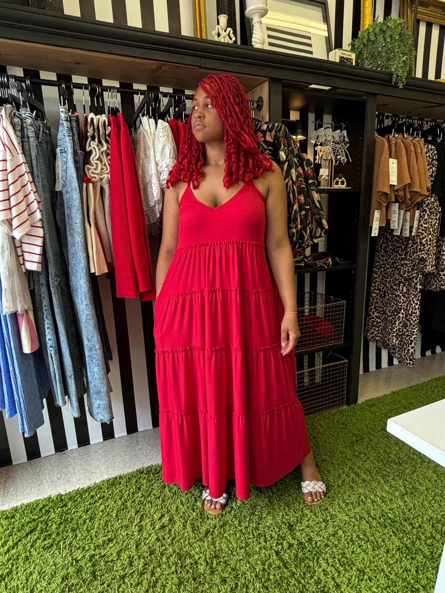 Son Of A Beach  | Black Plus V-neck Cami Tiered Dress With Side Pockets Red
