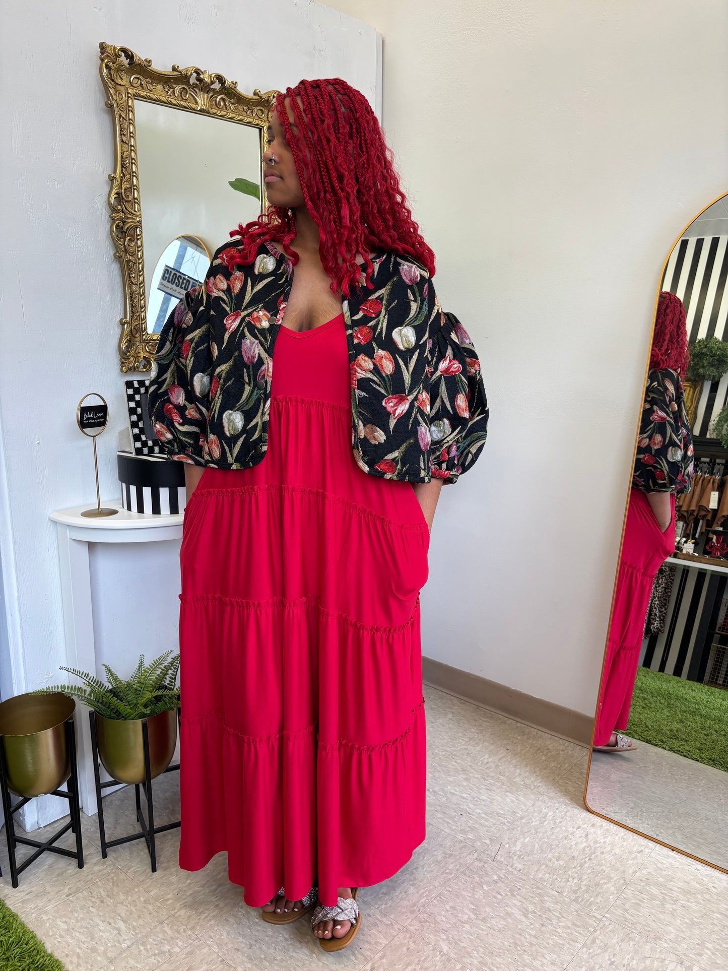 Son Of A Beach  | Black Plus V-neck Cami Tiered Dress With Side Pockets Red