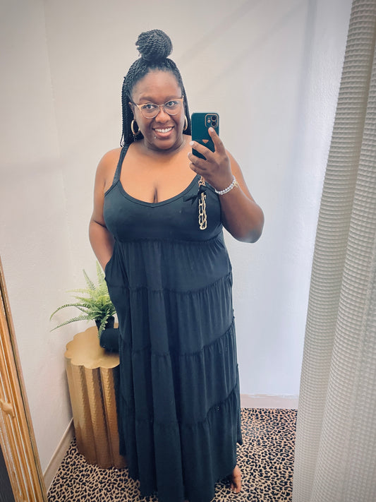 Son Of A Beach | Black V-Neck Cami Maxi Tiered Dress With Side Pockets