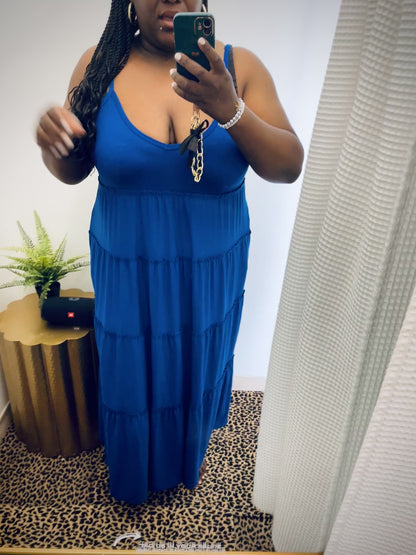 Son Of A Beach | Blue V-Neck Cami Maxi Tiered Dress With Side Pockets