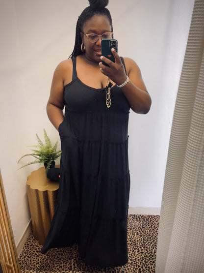 Son Of A Beach | Black V-Neck Cami Maxi Tiered Dress With Side Pockets